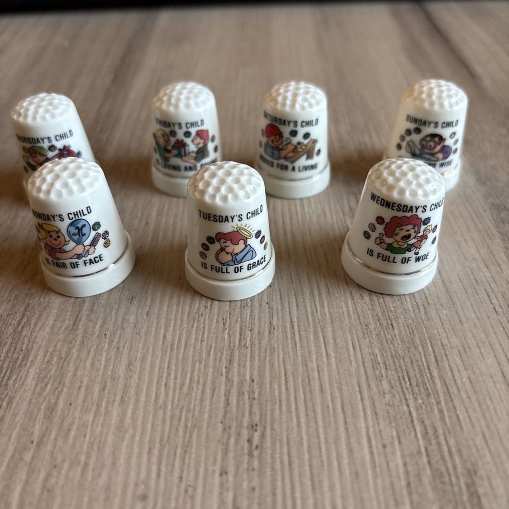 Monday's Child Days of Week Nursery Rhyme Porcelain Thimble Set Lot of 7